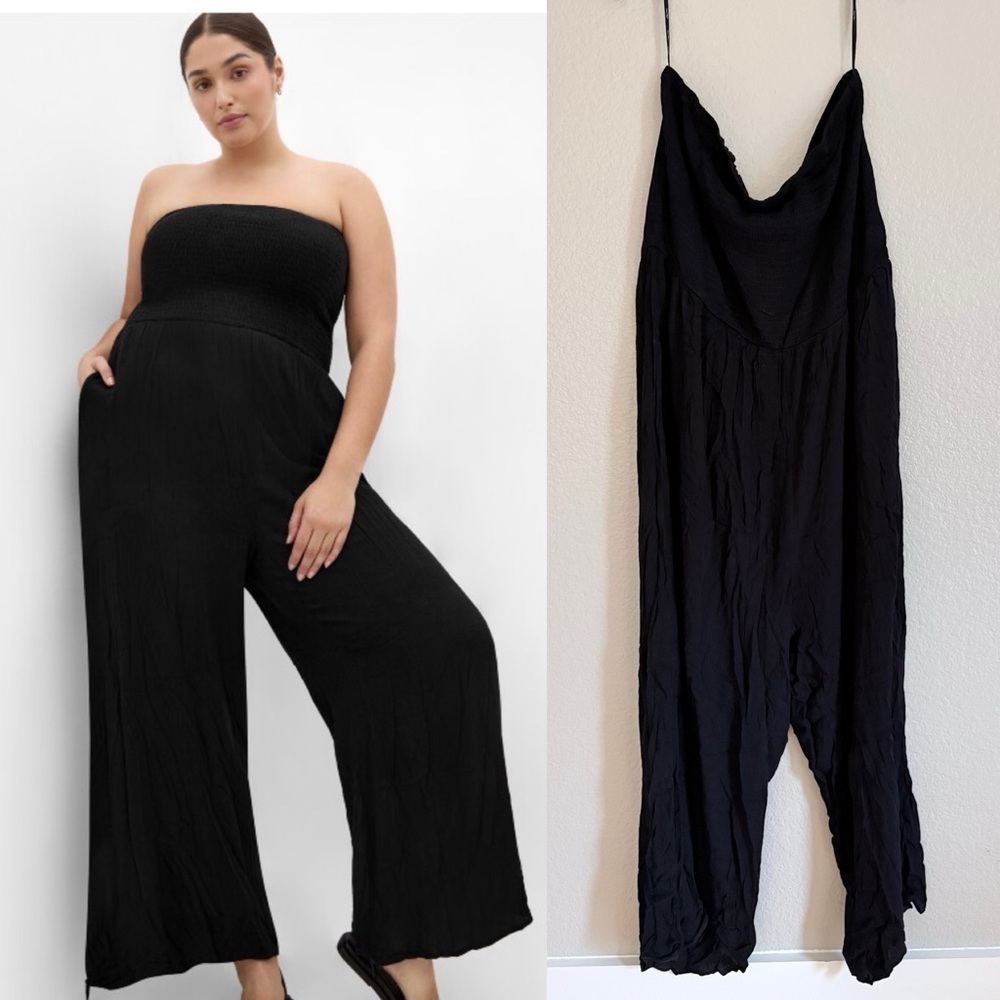 City Chic Smocked Plus Size Black Strapless Jumpsuit